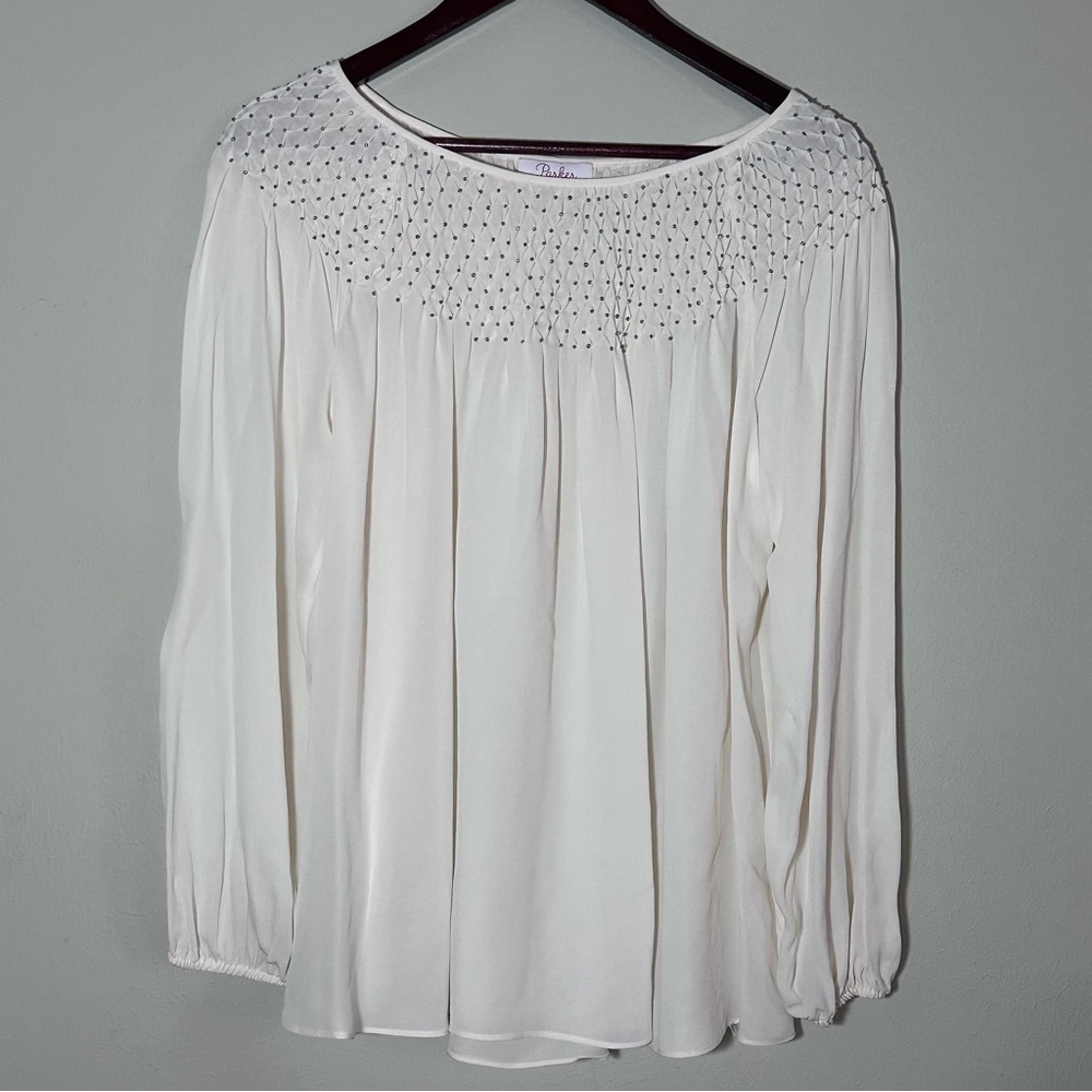 Parker | Smocked Beaded Silk Peasant Blouse | Size M